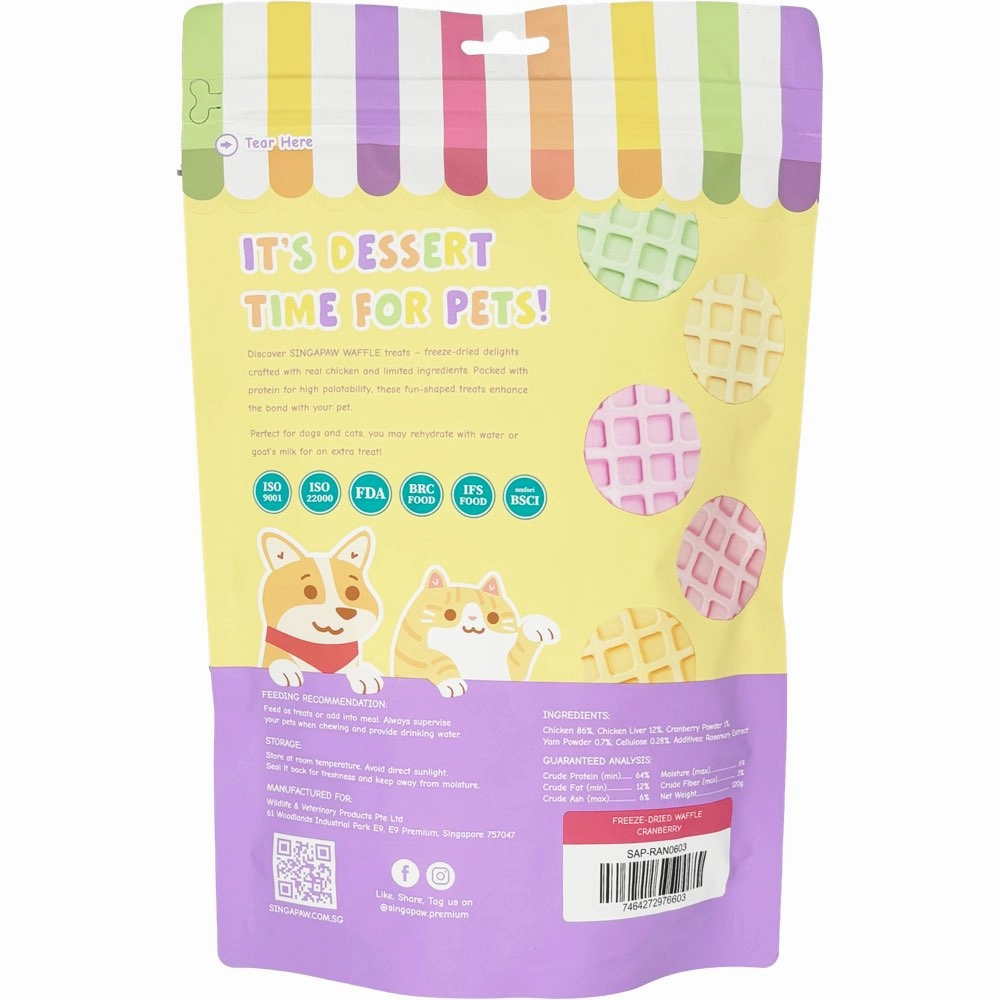 18% OFF: Singapaw Waffle Chicken & Cranberry Grain-Free Freeze-Dried Treats For Cats & Dogs 120g