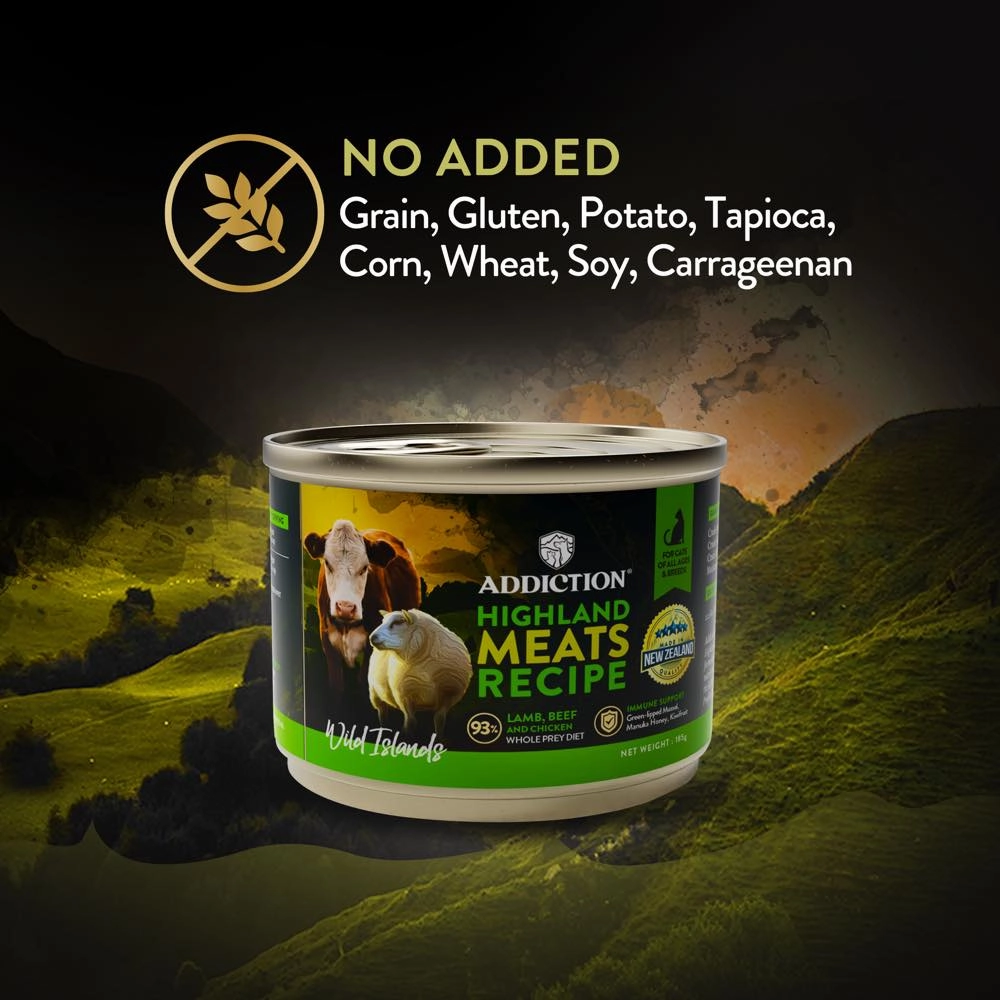 23% OFF (Exp 17Jul25): Addiction Wild Islands Highland Meats Beef, Lamb & Chicken Grain-Free Canned Cat Food 185g