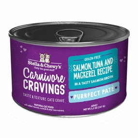 3 FOR $14.40: Stella & Chewy's Carnivore Cravings Purrfect Pate Salmon, Tuna & Mackerel in Broth Grain-Free Canned Cat Food 5.2oz