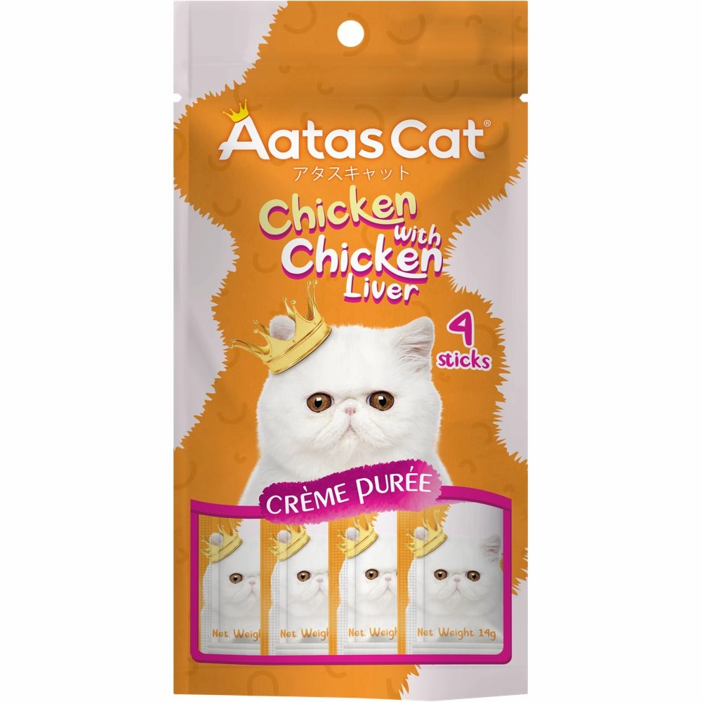 4 FOR $12: Aatas Cat Creme Puree Chicken With Chicken Liver Grain-Free Liquid Cat Treats 56g