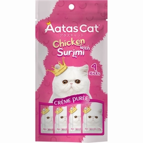 4 FOR $12: Aatas Cat Creme Puree Chicken With Surimi Grain-Free Liquid Cat Treats 56g