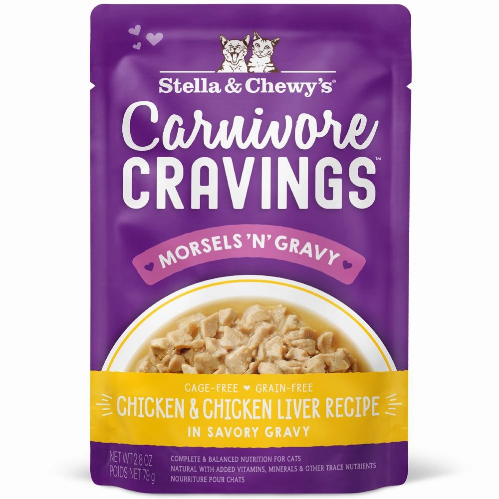 4 FOR $13.60: Stella & Chewy's Carnivore Cravings Morsels 'N' Gravy Chicken & Chicken Liver Grain-Free Pouch Cat Food 2.8oz