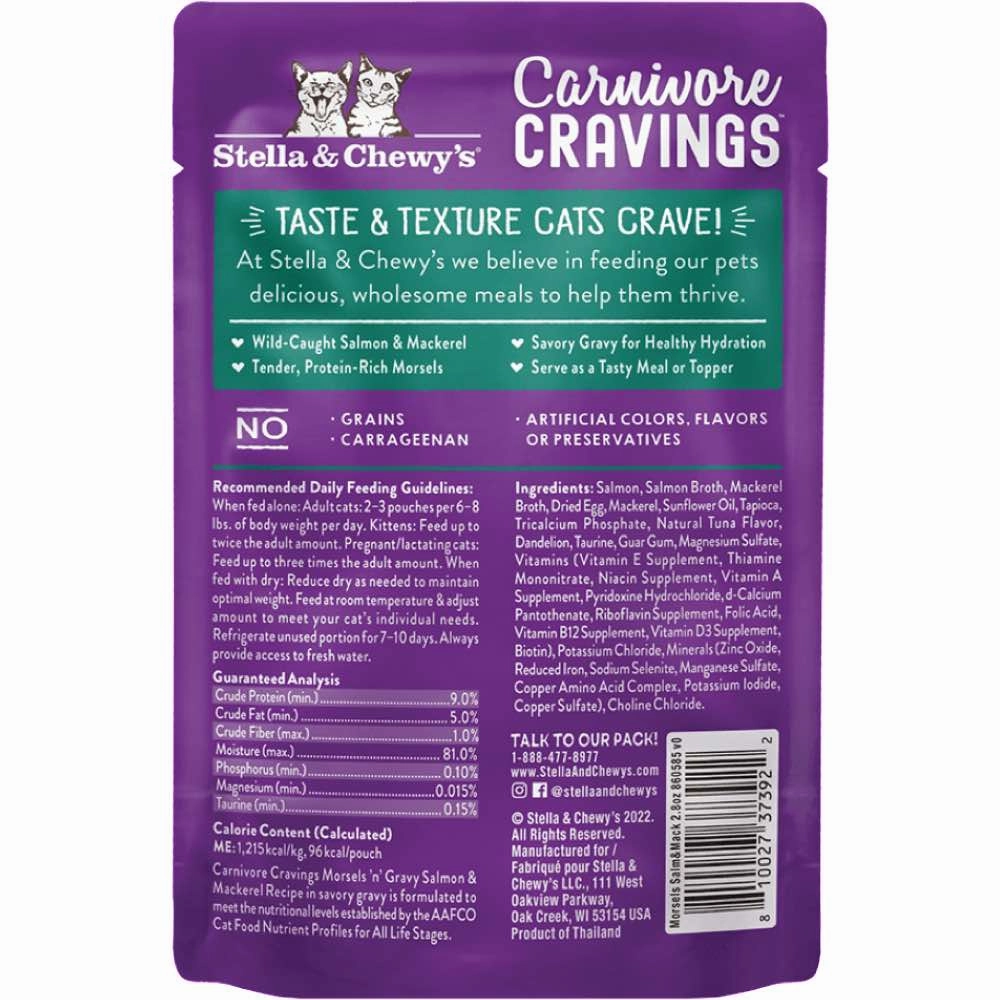 4 FOR $13.60: Stella & Chewy's Carnivore Cravings Morsels 'N' Gravy Salmon & Mackerel Grain-Free Pouch Cat Food 2.8oz