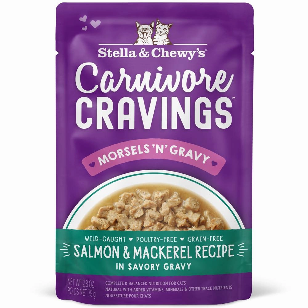 4 FOR $13.60: Stella & Chewy's Carnivore Cravings Morsels 'N' Gravy Salmon & Mackerel Grain-Free Pouch Cat Food 2.8oz
