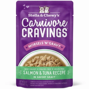 4 FOR $13.60: Stella & Chewy's Carnivore Cravings Morsels 'N' Gravy Salmon & Tuna Grain-Free Pouch Cat Food 2.8oz