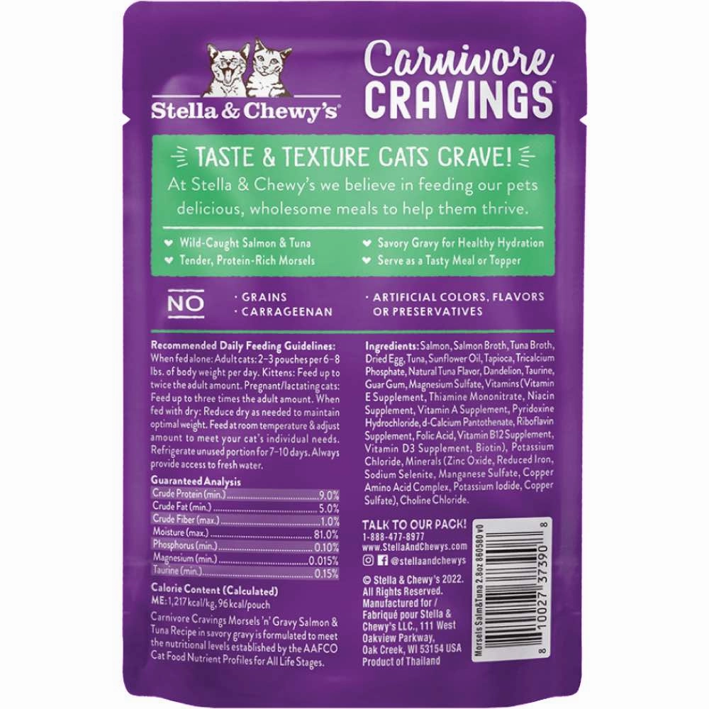 4 FOR $13.60: Stella & Chewy's Carnivore Cravings Morsels 'N' Gravy Salmon & Tuna Grain-Free Pouch Cat Food 2.8oz