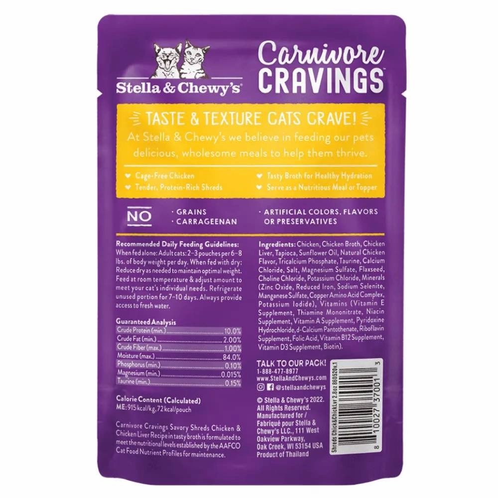 4 FOR $13.60: Stella & Chewy's Carnivore Cravings Savory Shreds Chicken & Chicken Liver In Broth Grain-Free Pouch Cat Food 2.8oz