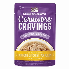 4 FOR $13.60: Stella & Chewy's Carnivore Cravings Savory Shreds Chicken & Chicken Liver In Broth Grain-Free Pouch Cat Food 2.8oz