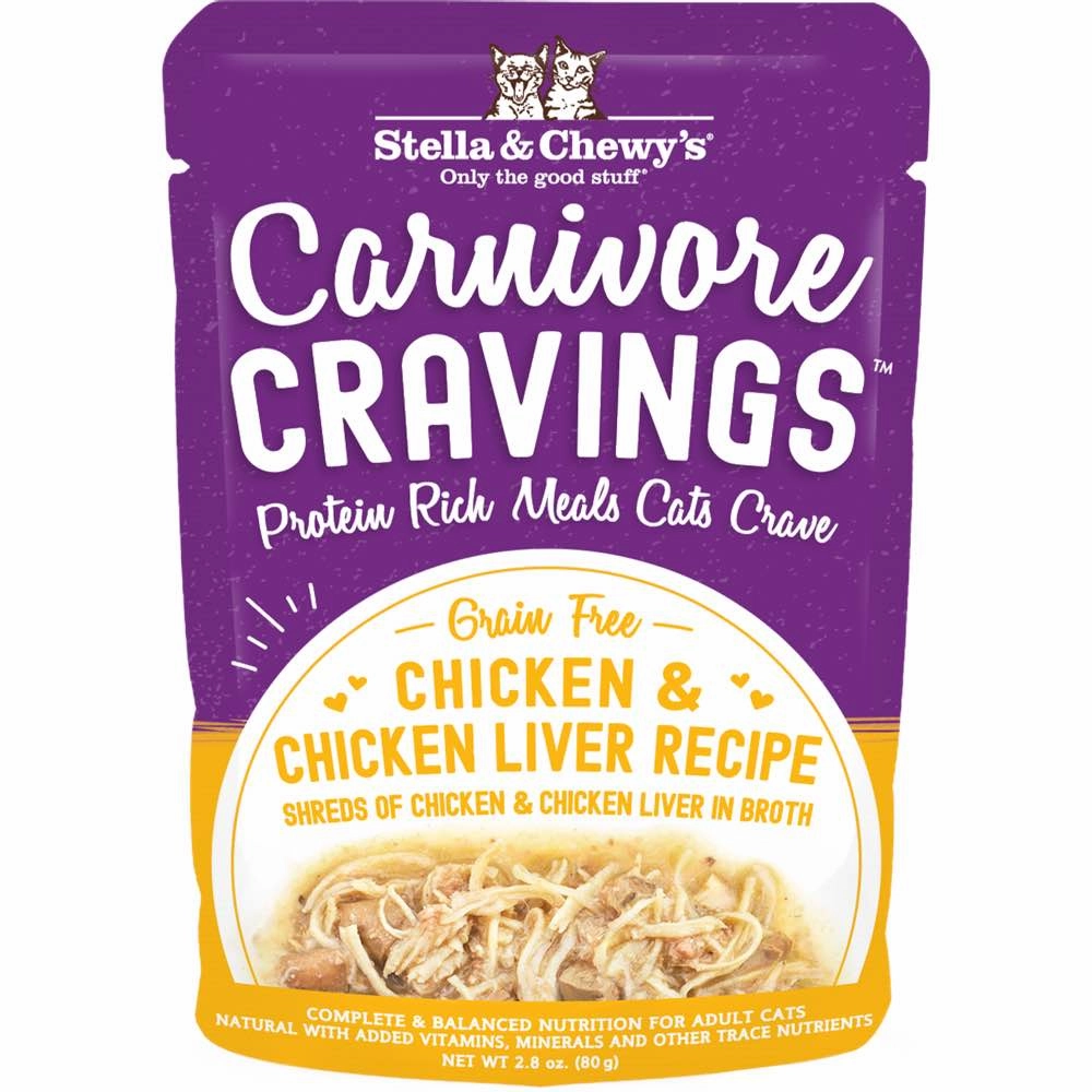 4 FOR $13.60: Stella & Chewy's Carnivore Cravings Savory Shreds Chicken & Chicken Liver In Broth Grain-Free Pouch Cat Food 2.8oz