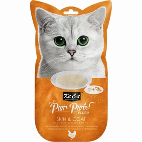 4 FOR $14 : Kit Cat Purr Puree Plus Skin & Coat Chicken Cat Treats 60g