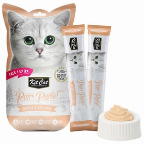 4 FOR $14 : Kit Cat Purr Puree Salmon & Egg Yolk Liquid Cat Treats 5x15g