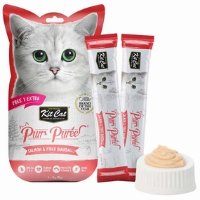 4 FOR $14 : Kit Cat Purr Puree Salmon & Fiber (Hairball) Liquid Cat Treats 5x15g