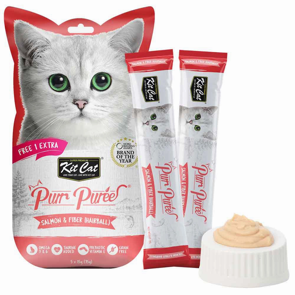 4 FOR $14 : Kit Cat Purr Puree Salmon & Fiber (Hairball) Liquid Cat Treats 5x15g