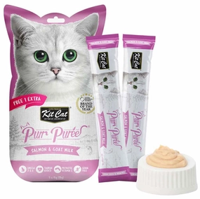 4 FOR $14 : Kit Cat Purr Puree Salmon & Goat Milk Liquid Cat Treats 5x15g