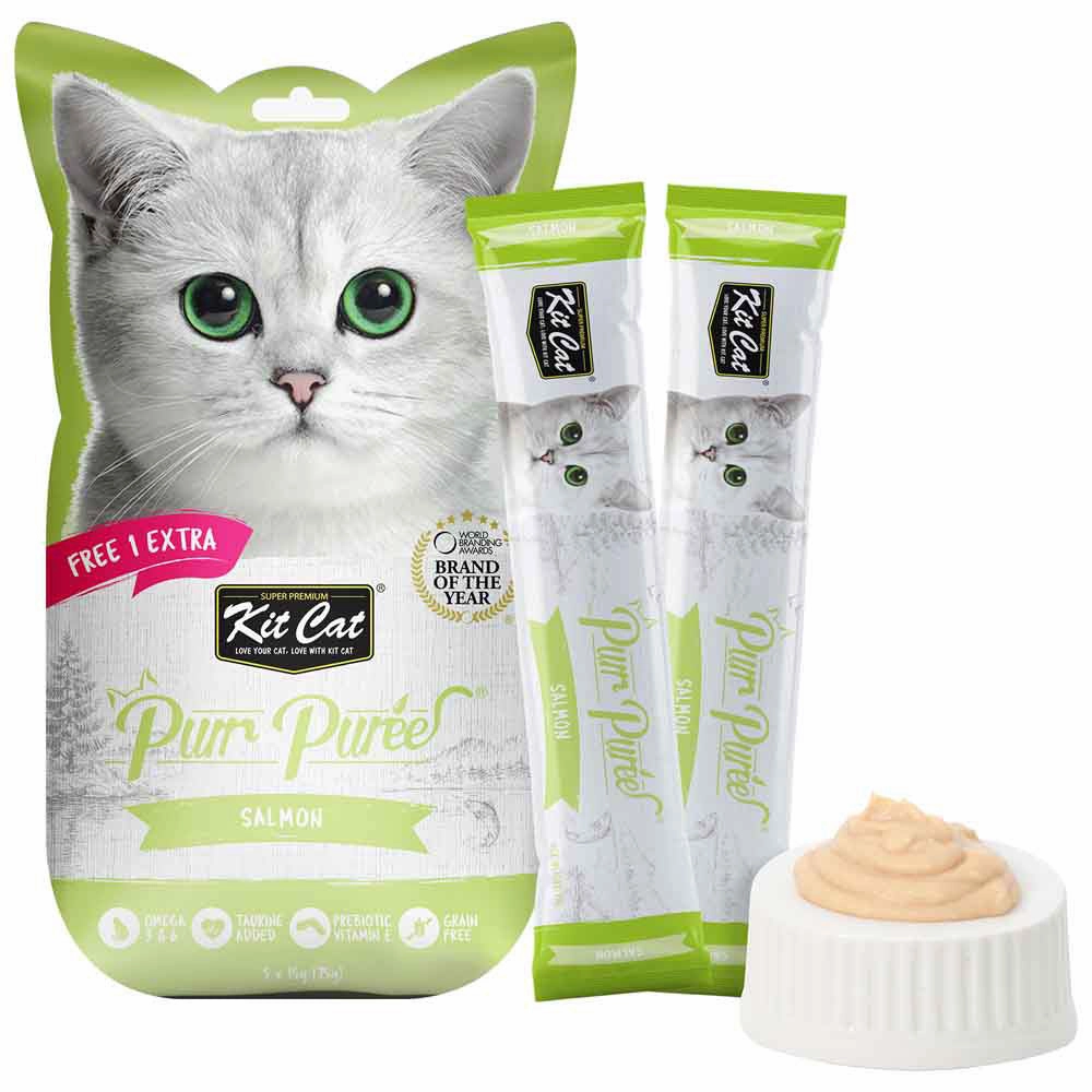 4 FOR $14 : Kit Cat Purr Puree Salmon Liquid Cat Treats 5x15g