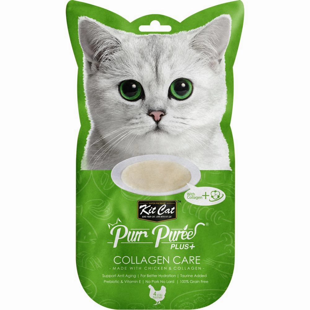 4 FOR $14: Kit Cat Purr Puree Plus Collagen Care Chicken Cat Treats 60g