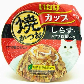 6 FOR $13: Ciao Grilled Skipjack Tuna In Gravy With Whitebait & Dried Bonito Topping Cup Cat Food 70g