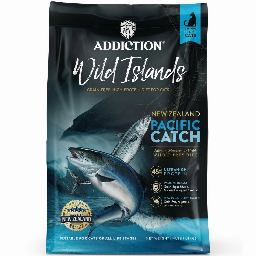 '26% OFF   FREE CANNED FOOD': Addiction Wild Islands Pacific Catch Salmon, Mackerel & Hoki Grain-Free Dry Cat Food