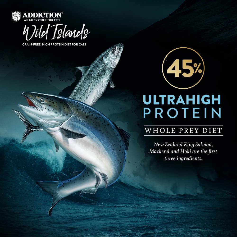 '26% OFF   FREE CANNED FOOD': Addiction Wild Islands Pacific Catch Salmon, Mackerel & Hoki Grain-Free Dry Cat Food