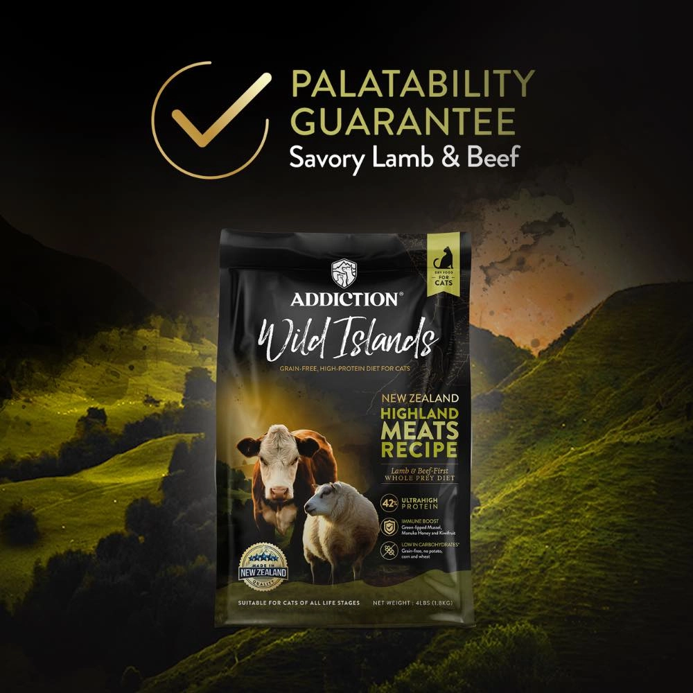 '26% OFF   FREE CANNED FOOD/SCOOP': Addiction Wild Islands Highland Meats Recipe Lamb & Beef Grain-Free Dry Cat Food