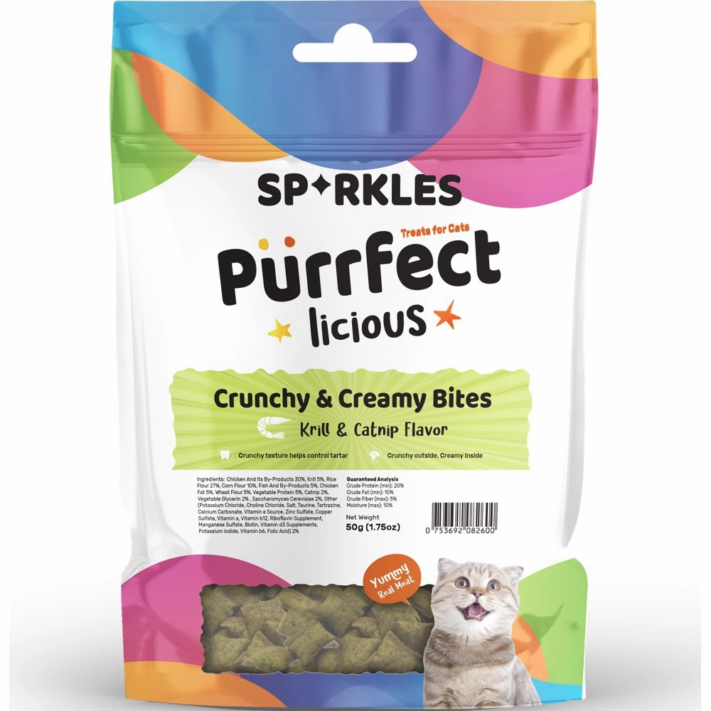 '3 FOR $6 (Exp 9Jul25)': Sparkles Purrfectlicious Crunchy & Creamy Bites Krill & Catnip Cat Treats 50g