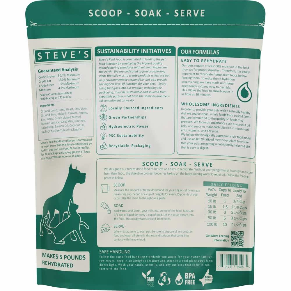 'BUNDLE DEAL FREE FD TREATS': Steve's Real Food Lamu Grain-Free Freeze-Dried Raw Food For Cats & Dogs 20oz