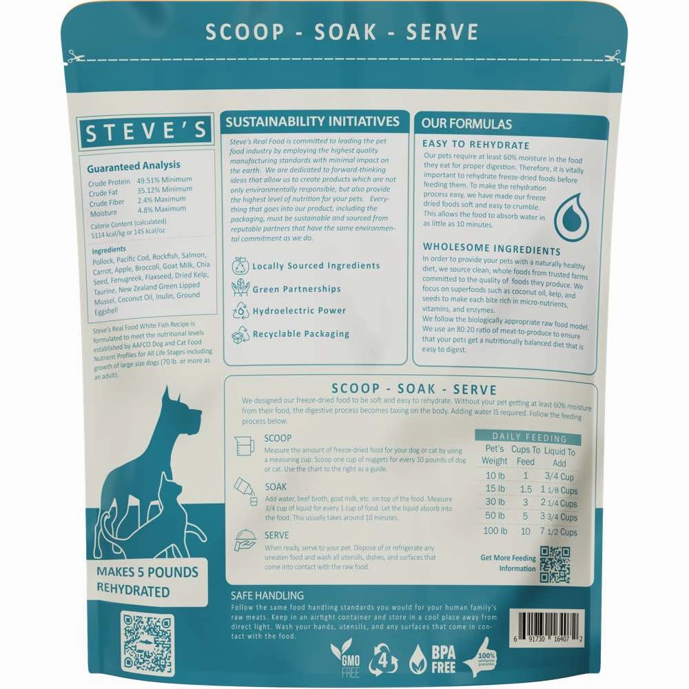 'BUNDLE DEAL FREE FD TREATS': Steve's Real Food White Fish Grain-Free Freeze-Dried Raw Food For Cats & Dogs 20oz