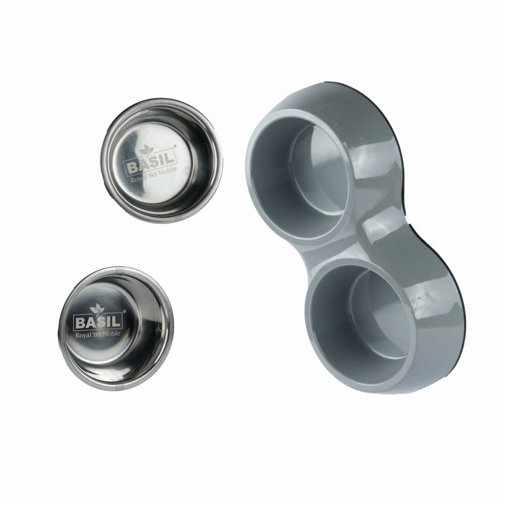 Basil Double Melamine Bowl Dinner Set for Dogs and Cats (Grey)