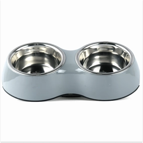 Basil Double Melamine Bowl Dinner Set for Dogs and Cats (Grey)