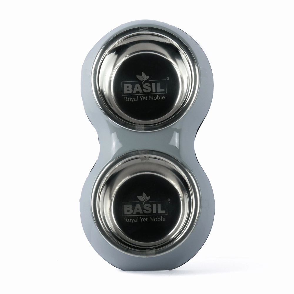 Basil Double Melamine Bowl Dinner Set for Dogs and Cats (Grey)