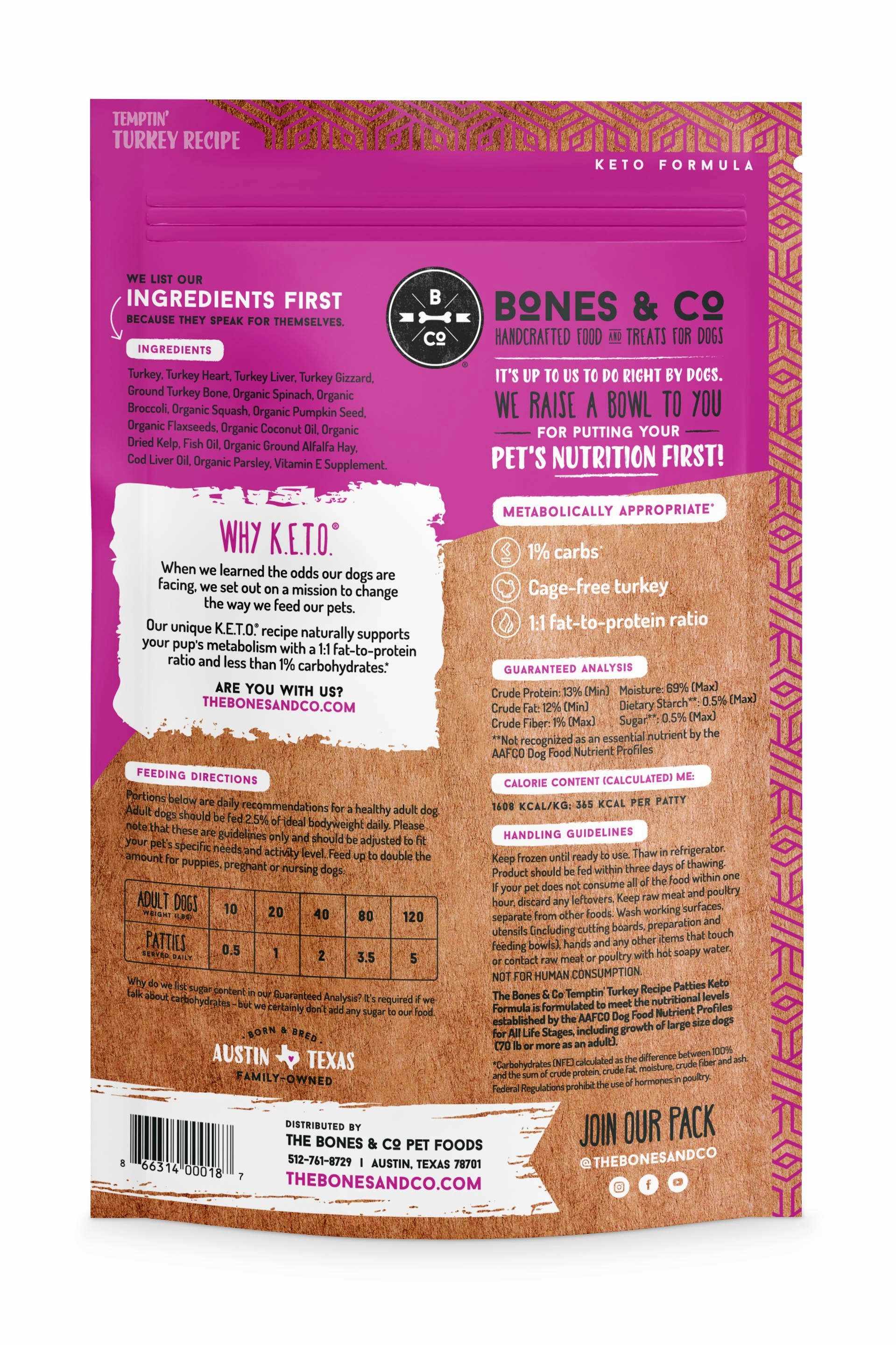Bones and Co. Temptin' Turkey Patties Frozen Raw Dog Food