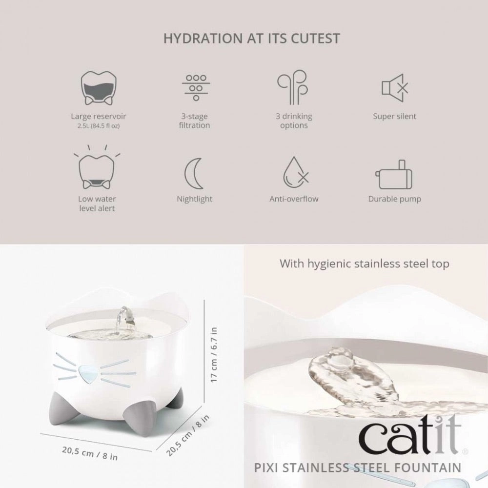 Catit Pixi Drinking Fountain Stainless Steel White 2.5L