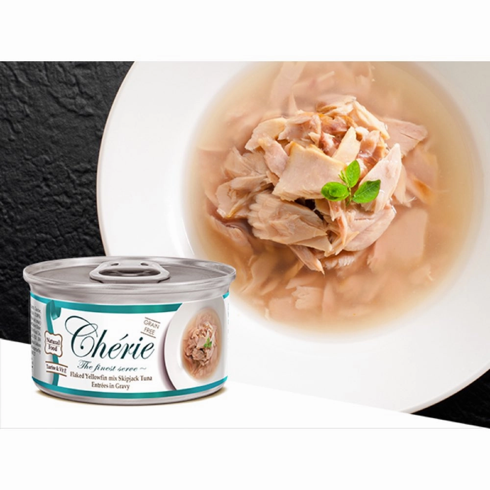 Cherie Flaked Yellowfin Mix Skipjack Tuna Entres In Gravy Canned Cat Food 80g