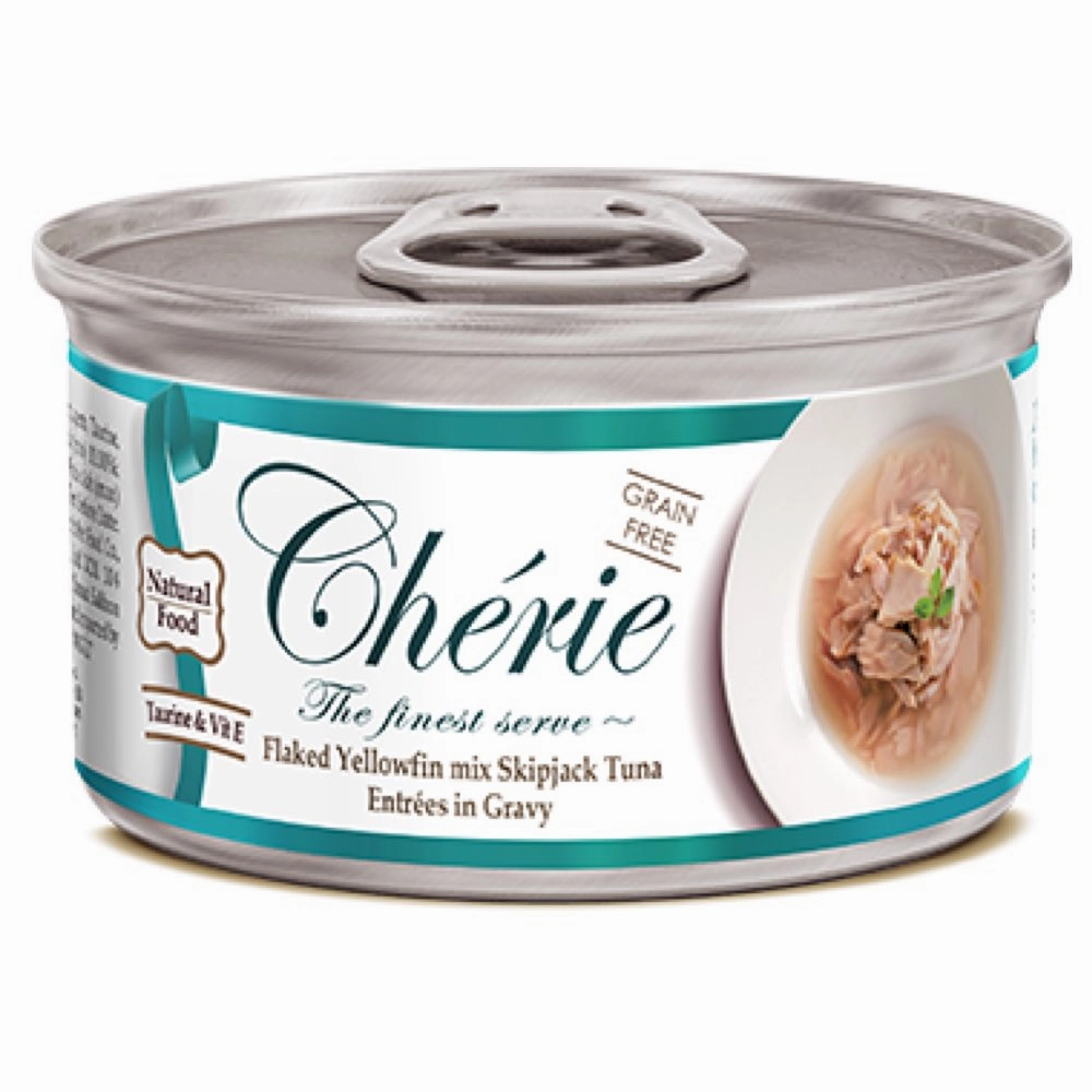 Cherie Flaked Yellowfin Mix Skipjack Tuna Entres In Gravy Canned Cat Food 80g