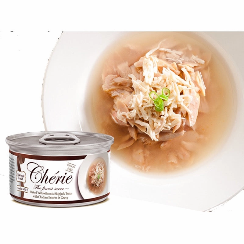 Cherie Flaked Yellowfin Mix Skipjack Tuna With Chicken Entres In Gravy Canned Cat Food 80g