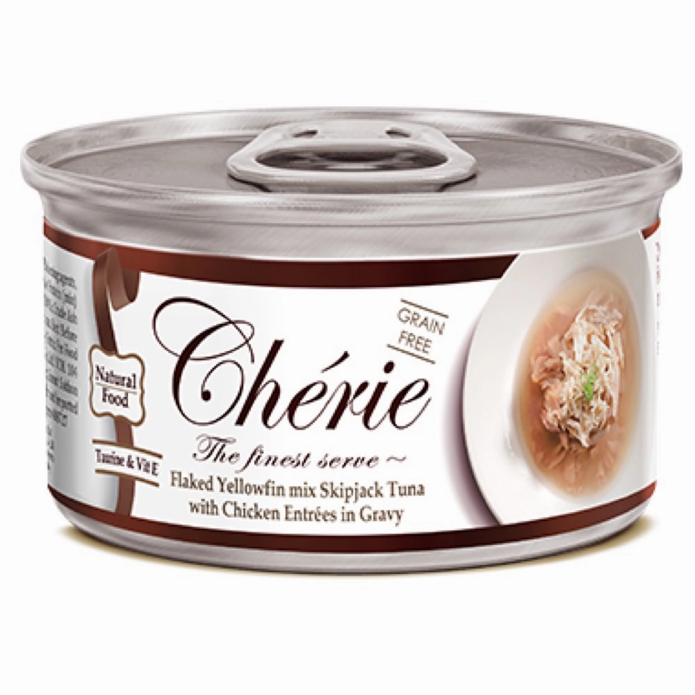 Cherie Flaked Yellowfin Mix Skipjack Tuna With Chicken Entres In Gravy Canned Cat Food 80g