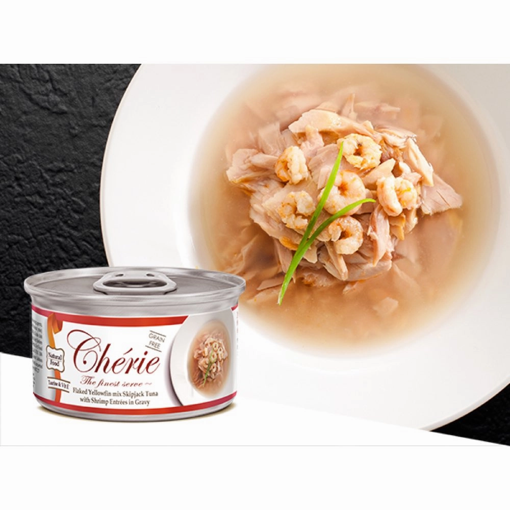 Cherie Flaked Yellowfin Mix Skipjack Tuna With Shrimp Entres In Gravy Canned Cat Food 80g