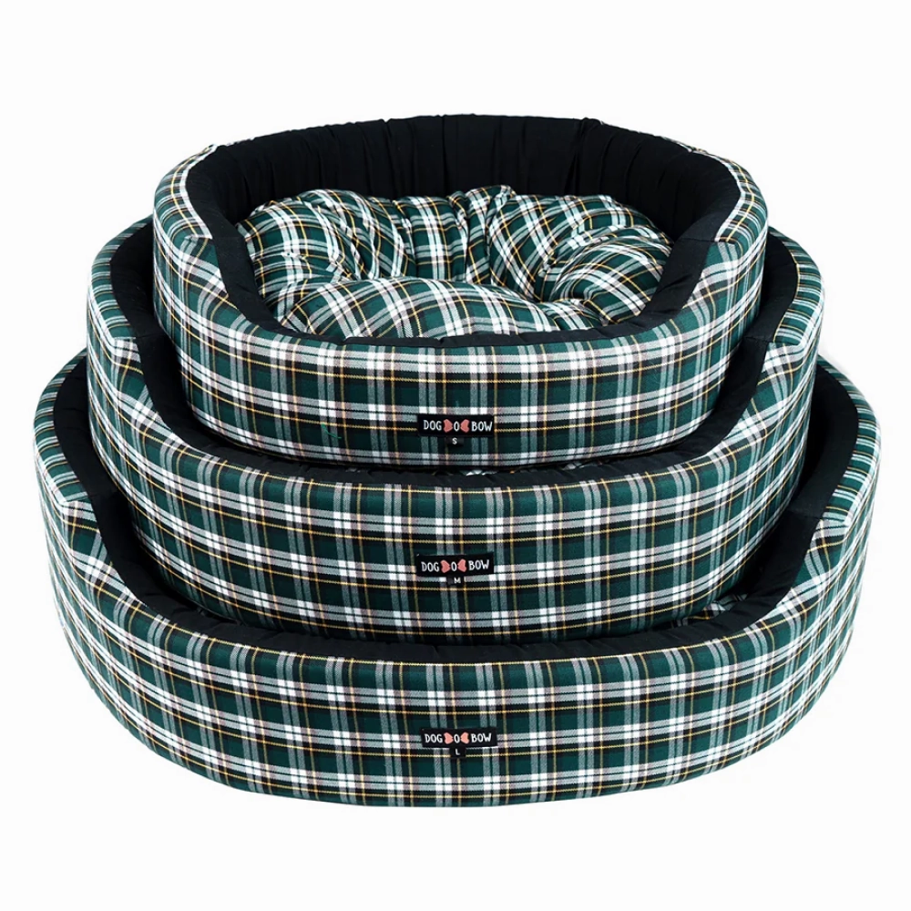 Dogobow Valley Check Round Bed for Dogs and Cats (Green)