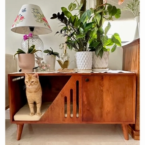 FurryLiving Benji Cabinet with Cushion for Small Dogs and Cats (Honey/Cream Cushion)