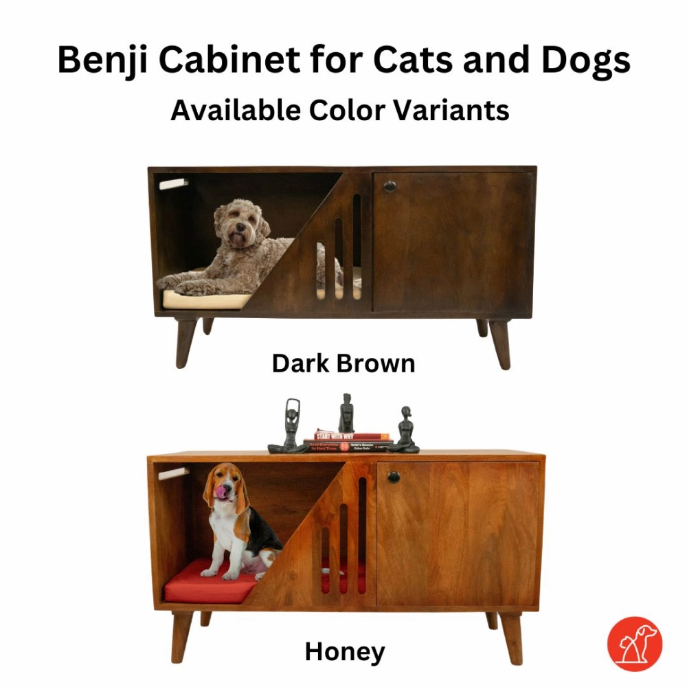 FurryLiving Benji Cabinet with Cushion for Small Dogs and Cats (Honey/Red Cushion)
