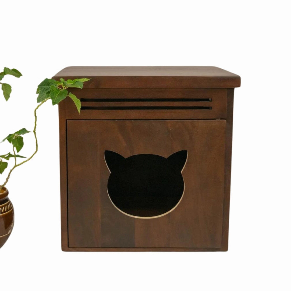 FurryLiving Meraki Cabinet with Cushion for Small Dogs and Cats (Dark Brown/ Red Cushion)