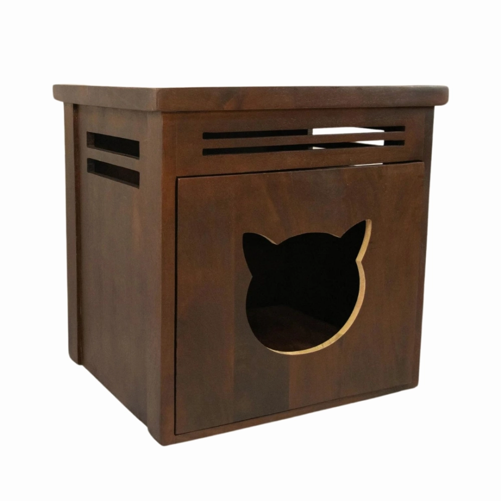 FurryLiving Meraki Cabinet with Cushion for Small Dogs and Cats (Dark Brown/ Red Cushion)