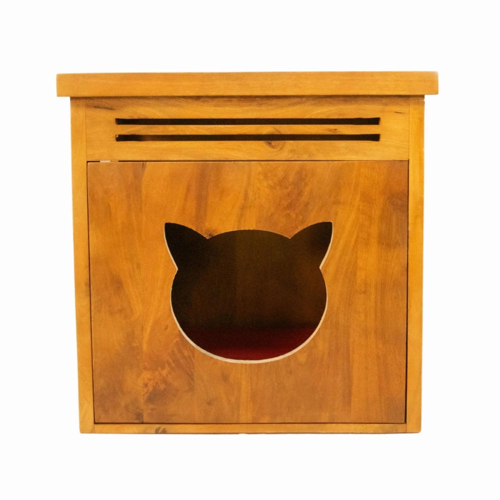 FurryLiving Meraki Cabinet with Cushion for Small Dogs and Cats (Honey/Red Cushion)