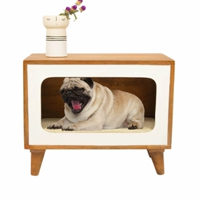 FurryLiving Telly Side Table with Cushion for Small Dogs and Cats (Honey/Cream Cushion)
