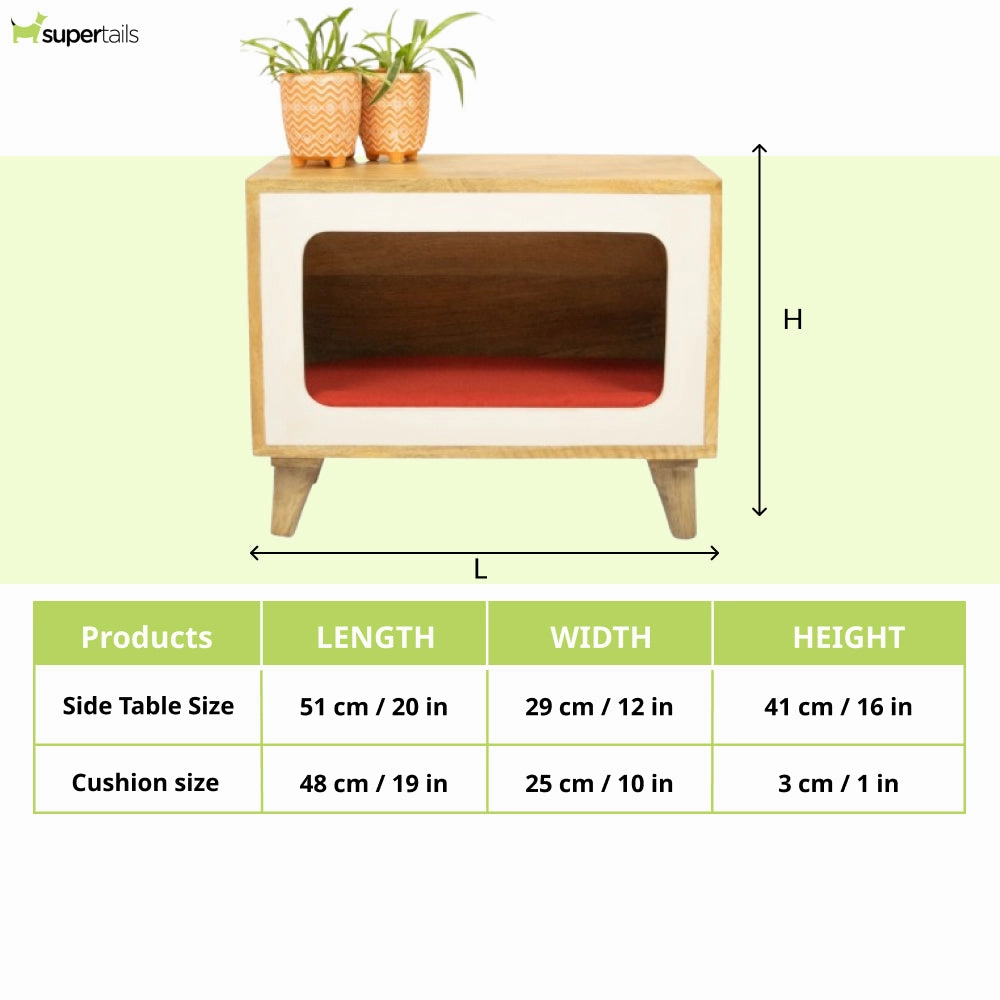 FurryLiving Telly Side Table with Cushion for Small Dogs and Cats (Oak/Red Cushion)