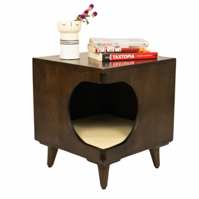 FurryLiving Wally Side Table with Cushion for Small Dogs and Cats (Dark Brown/Cream Cushion)