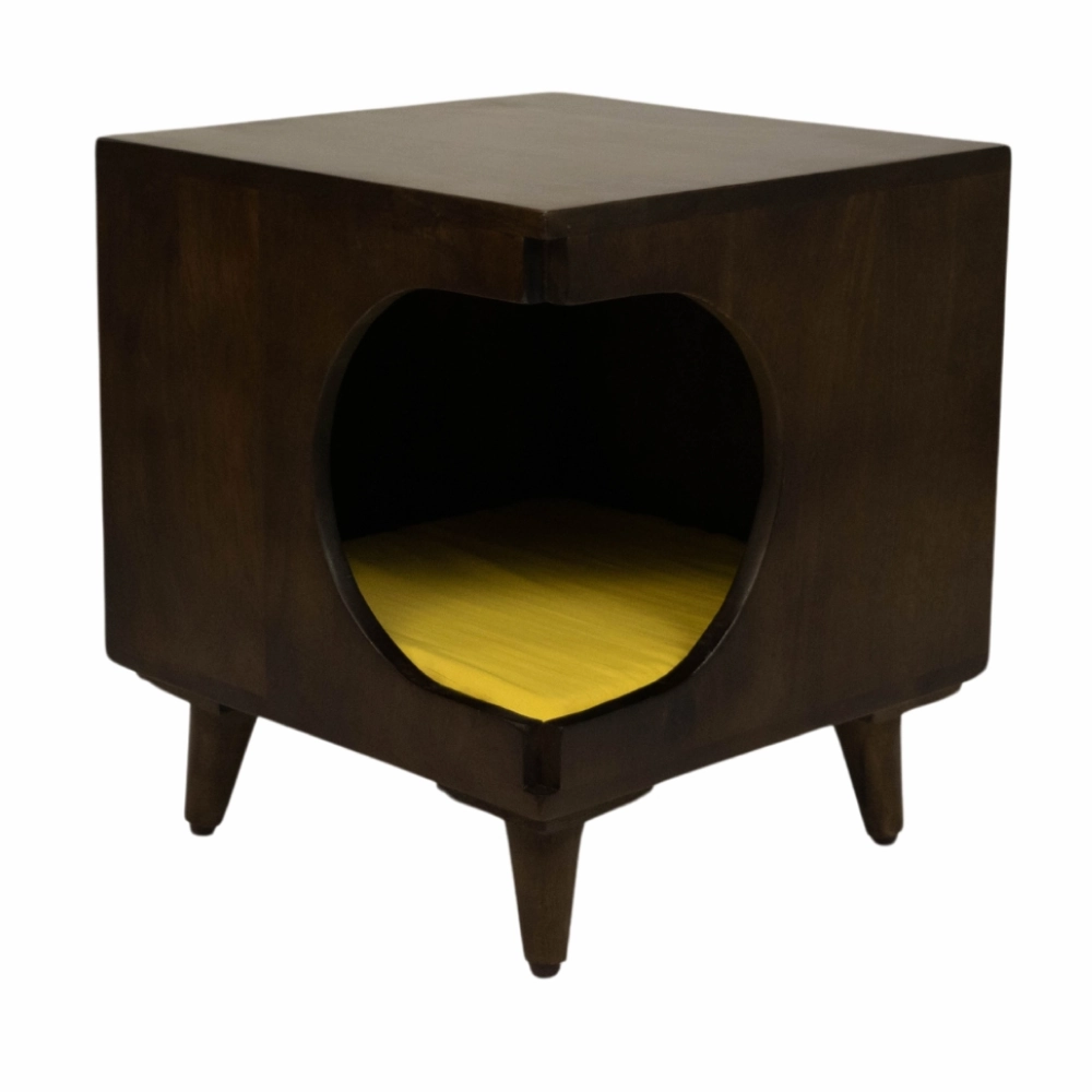 FurryLiving Wally Side Table with Cushion for Small Dogs and Cats (Dark Brown/Yellow Cushion)