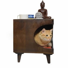 FurryLiving Wally Side Table with Cushion for Small Dogs and Cats (Dark Brown/Yellow Cushion)