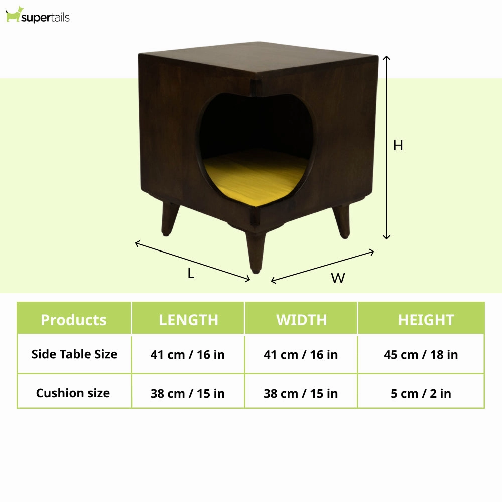 FurryLiving Wally Side Table with Cushion for Small Dogs and Cats (Dark Brown/Yellow Cushion)