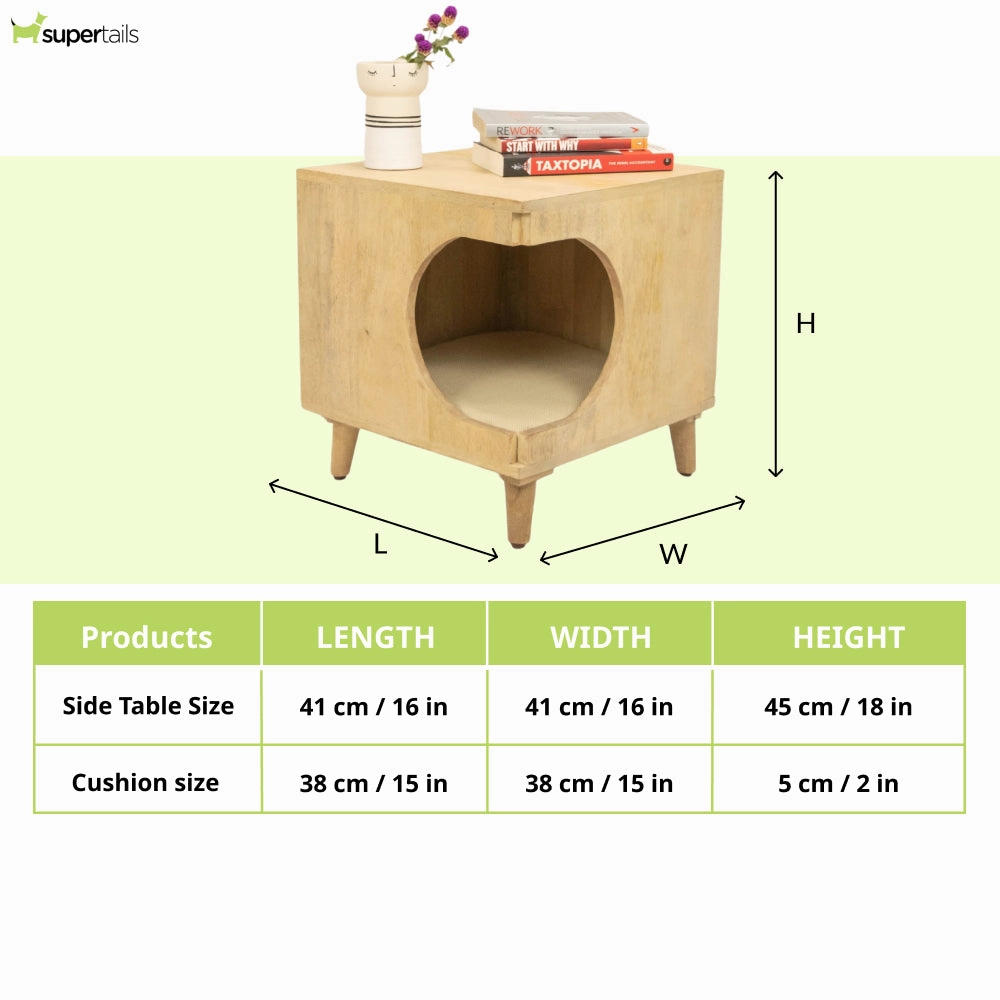FurryLiving Wally Side Table with Cushion for Small Dogs and Cats (Oak/Cream Cushion)